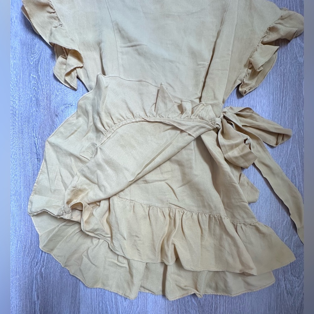 ASTR the label|Mini Ruffle Wrap Dress|Linen Blend|Mustard Yellow|SZ S - Picture 4 of 7